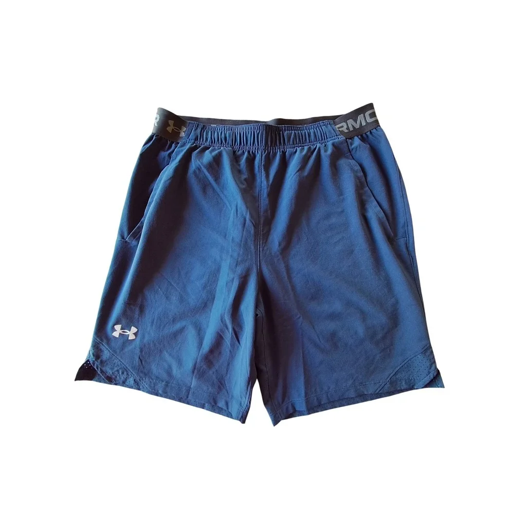 Under Armour Mens Blue Athletic Training Shorts Fitted Large Pockets Gym Running